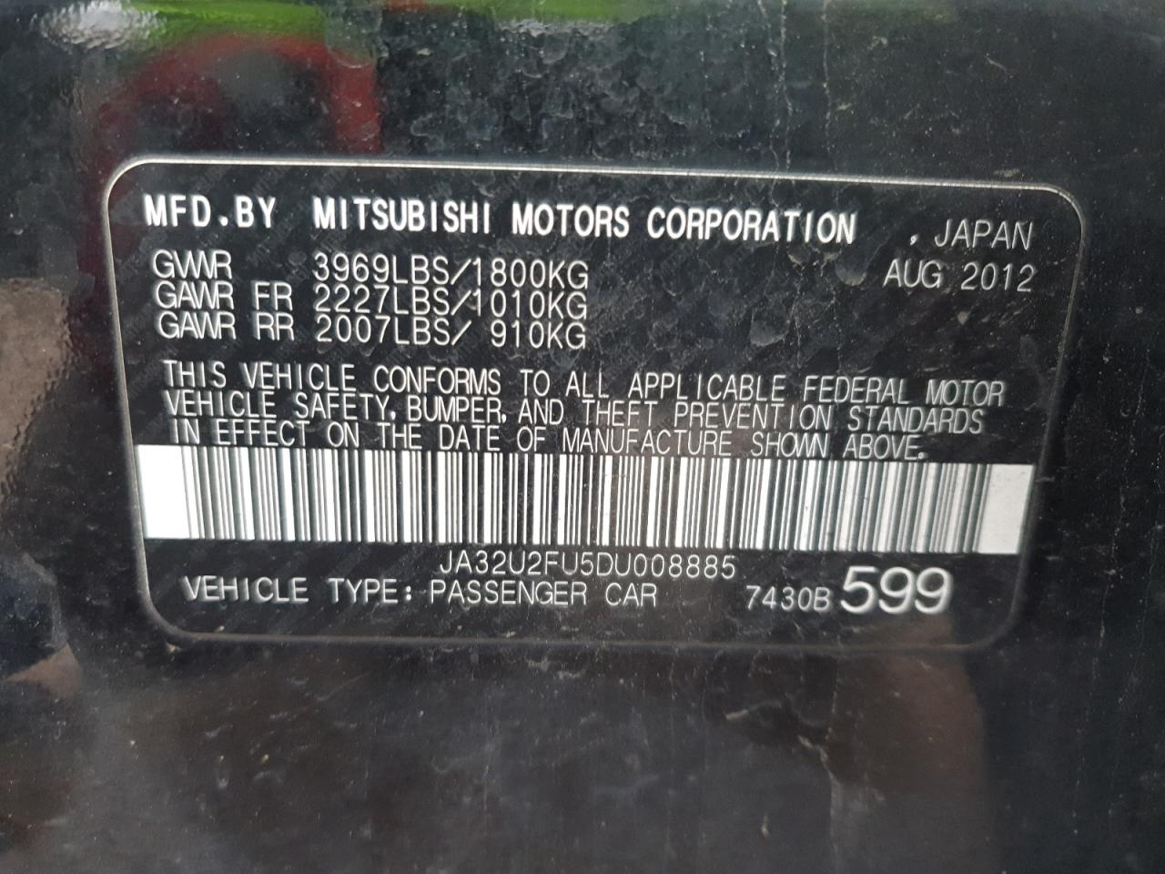 2013 Mitsubishi Lancer Es/Es Sport VIN: JA32U2FU5DU008885 Lot: 59821235