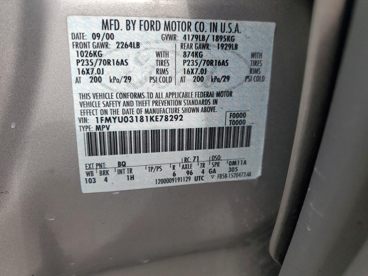 2001 Ford Escape Xlt VIN: 1FMYU03181KE78292 Lot: 62302225