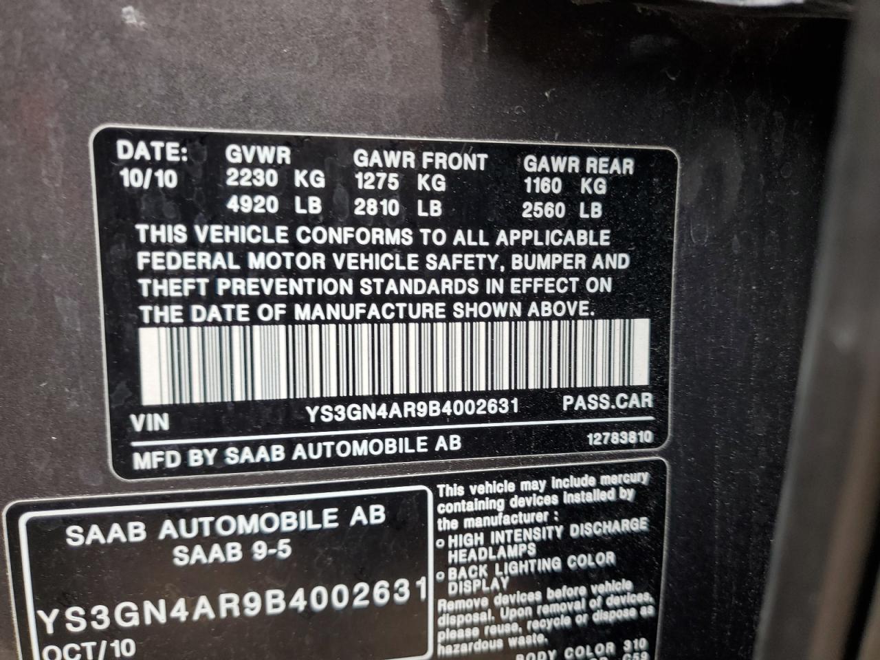 2011 Saab 9-5 Turbo VIN: YS3GN4AR9B4002631 Lot: 60540955