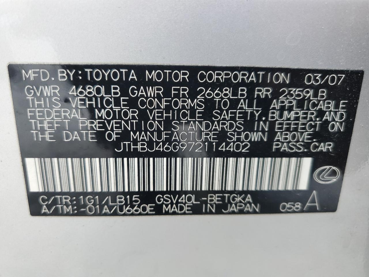 2007 Lexus Es 350 VIN: JTHBJ46G972114402 Lot: 61550575