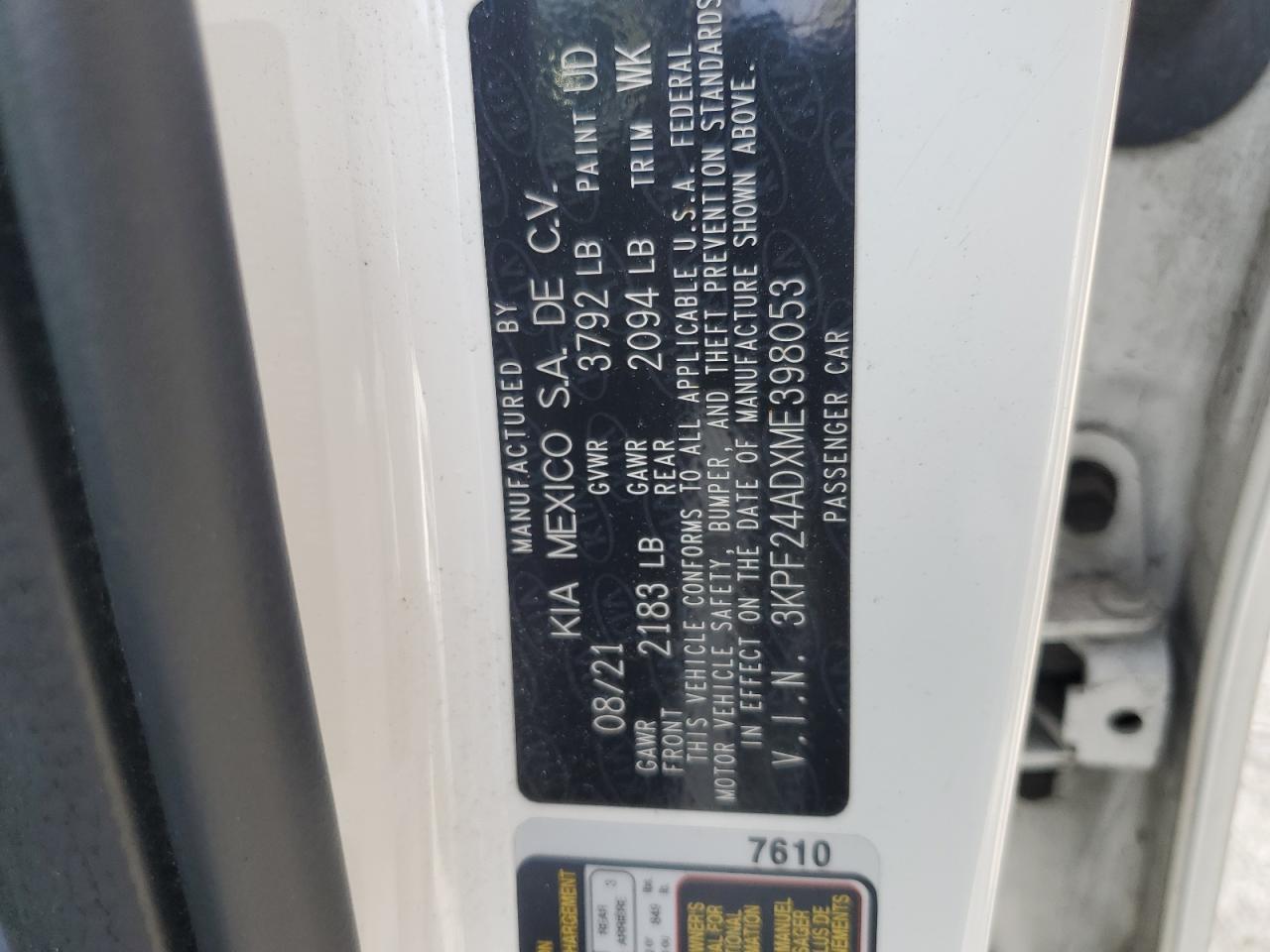 2021 Kia Forte Fe VIN: 3KPF24ADXME398053 Lot: 62418705