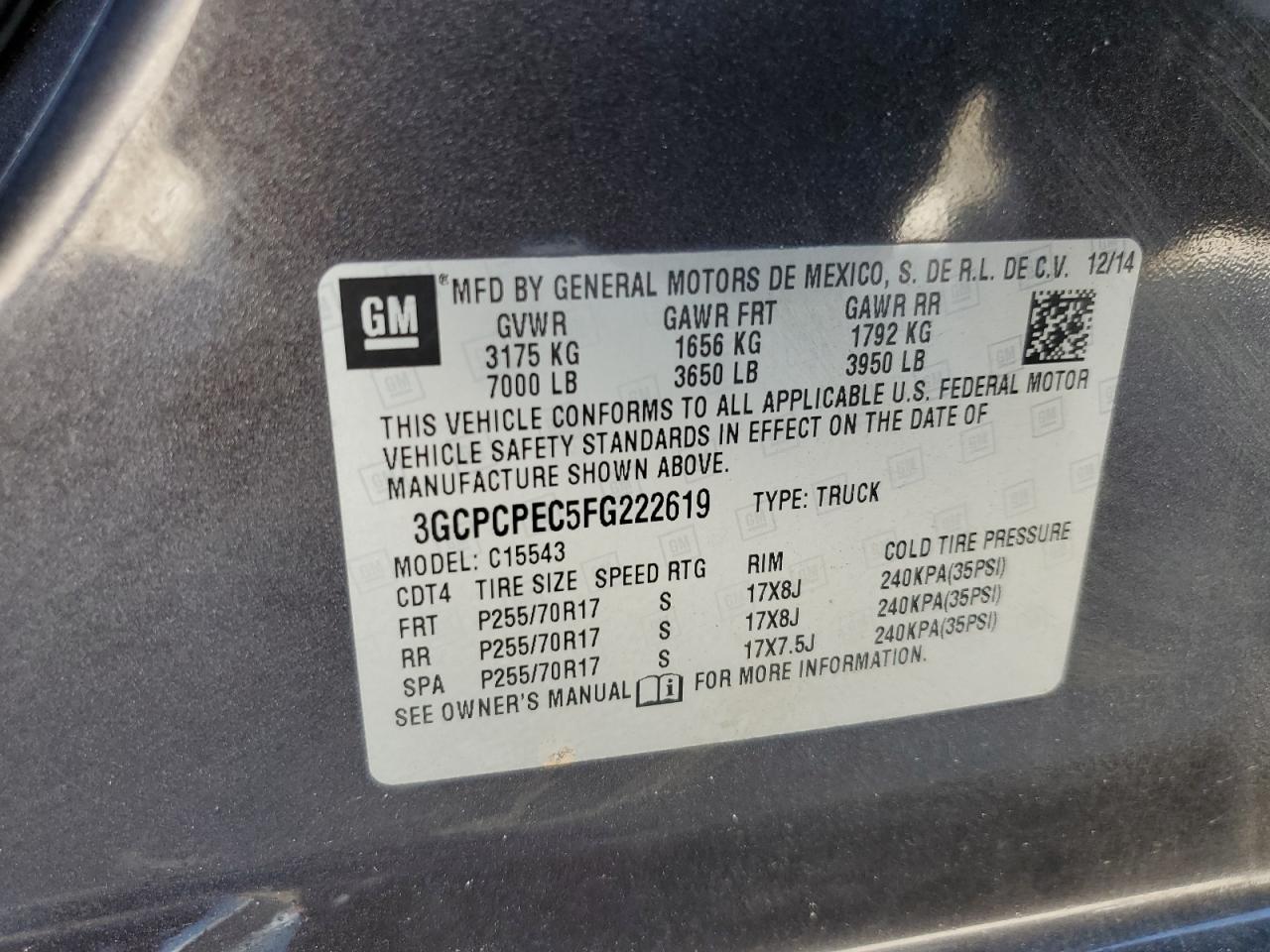 2015 Chevrolet Silverado C1500 VIN: 3GCPCPEC5FG222619 Lot: 61900825