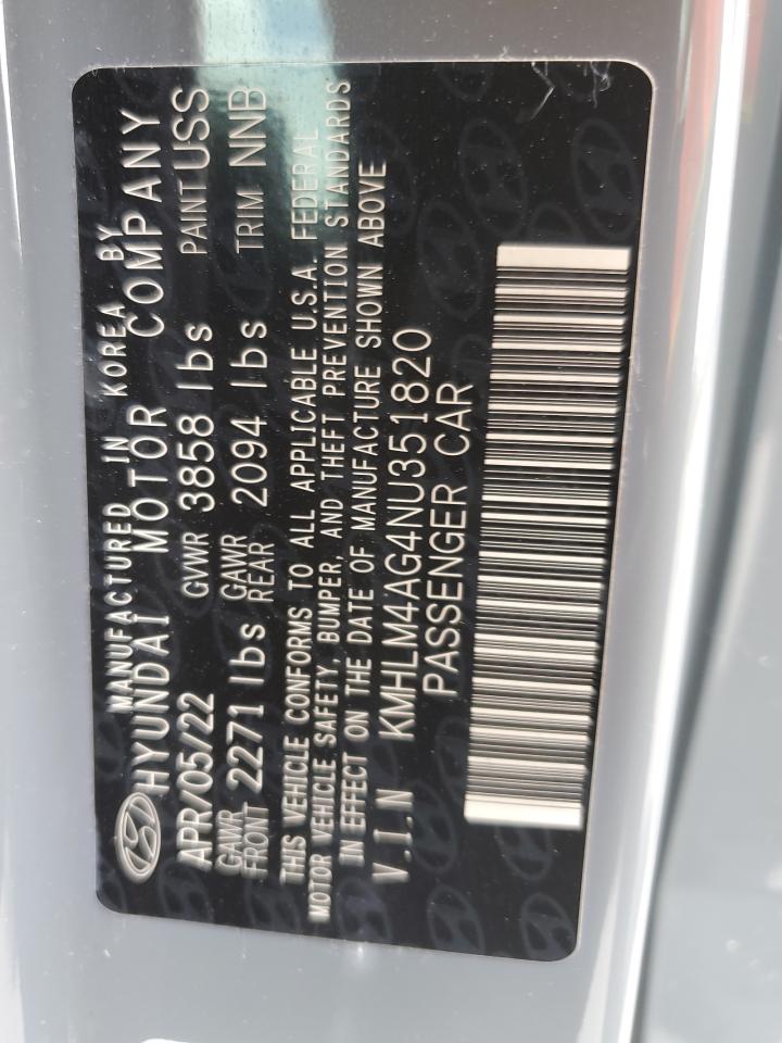 2022 Hyundai Elantra Sel VIN: KMHLM4AG4NU351820 Lot: 62647605