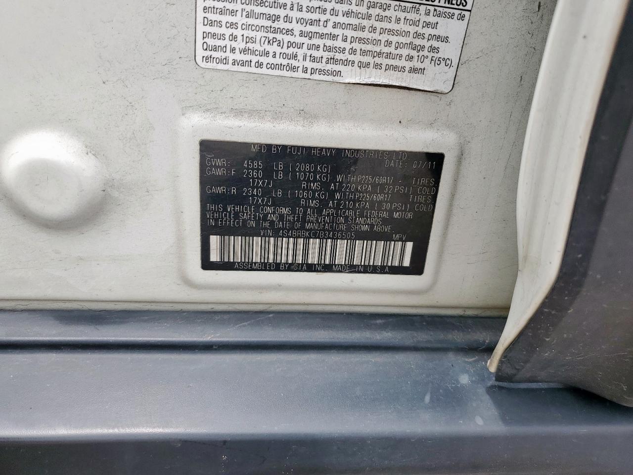 2011 Subaru Outback 2.5I Limited VIN: 4S4BRBKC7B3436505 Lot: 59737525