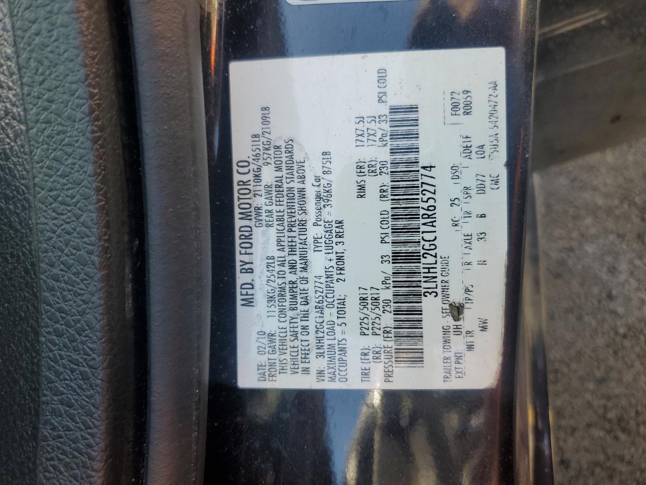 2010 Lincoln Mkz VIN: 3LNHL2GC1AR652774 Lot: 61284855