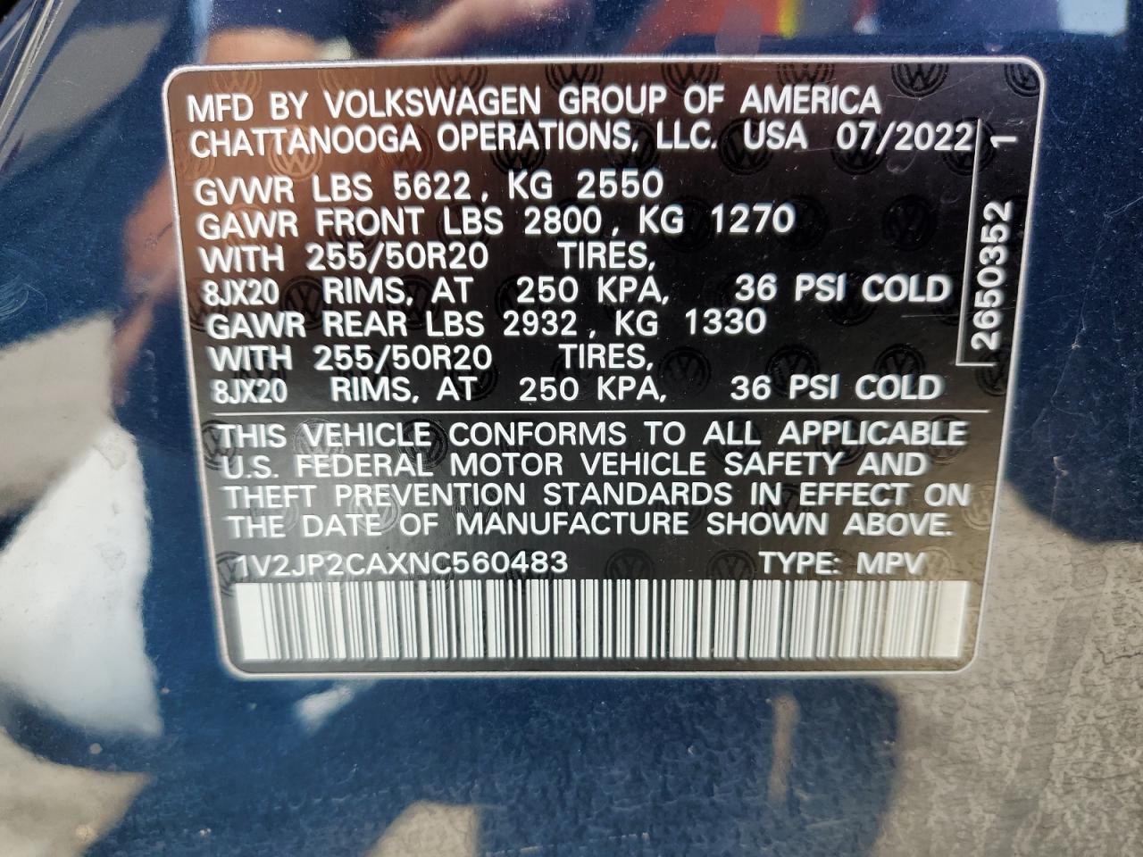 2022 Volkswagen Atlas Se VIN: 1V2JP2CAXNC560483 Lot: 62599785
