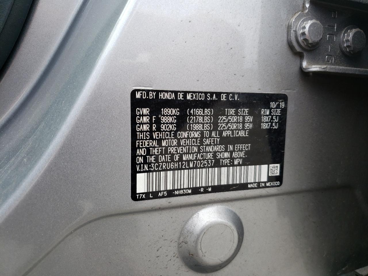 2020 Honda Hr-V Sport VIN: 3CZRU6H12LM702537 Lot: 62714875