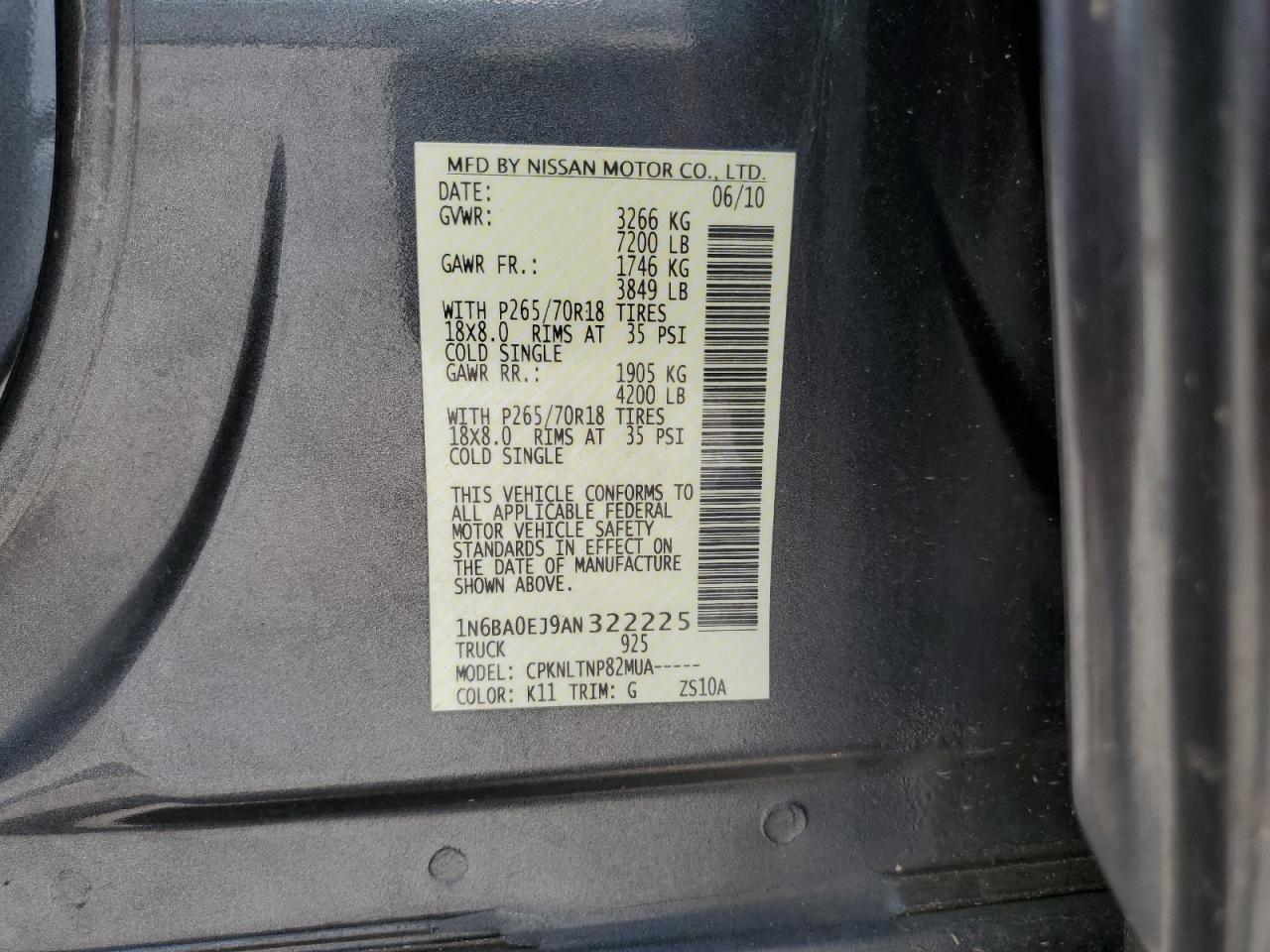 2010 Nissan Titan Xe VIN: 1N6BA0EJ9AN322225 Lot: 62612325