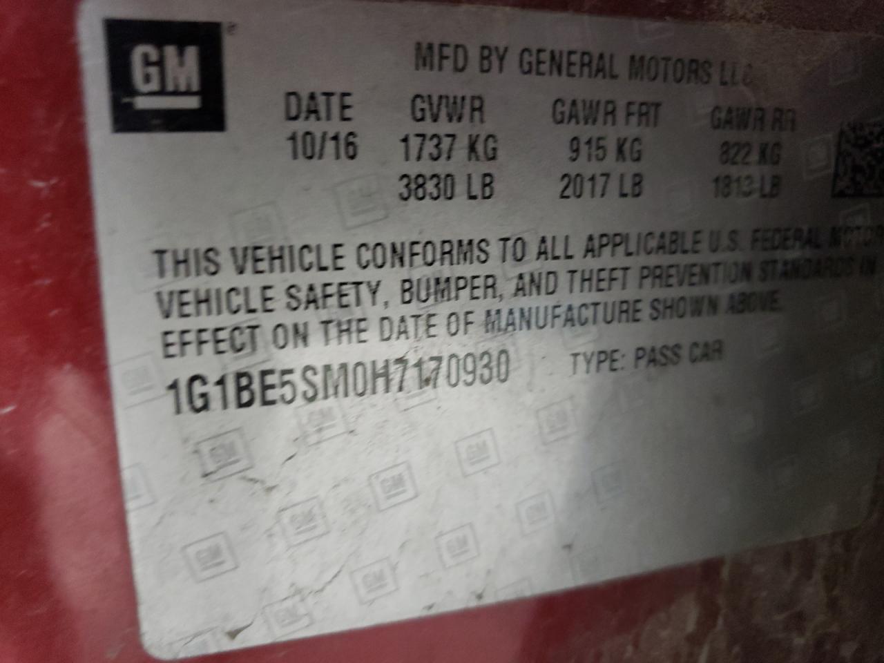 CHEVROLET CRUZE 2017 VIN 1G1BE5SM0H7170930 фото 12