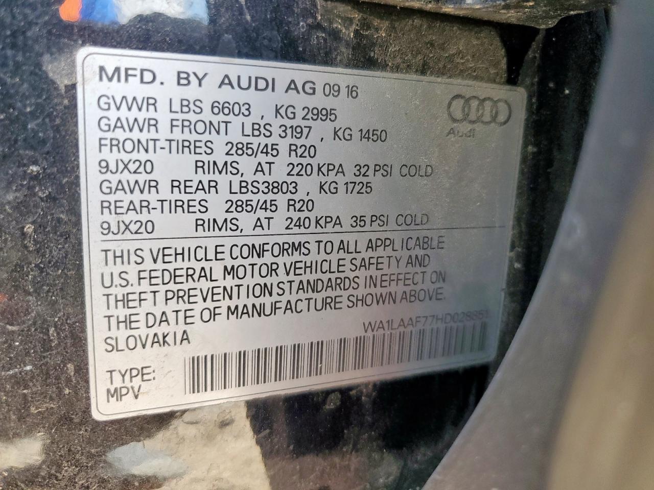 2017 Audi Q7 Premium Plus VIN: WA1LAAF77HD028851 Lot: 62314555