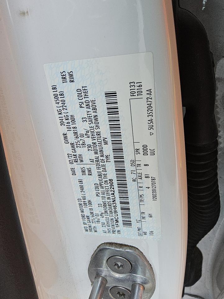 2022 Ford Escape Sel VIN: 1FMCU9H63NUA22908 Lot: 61658765