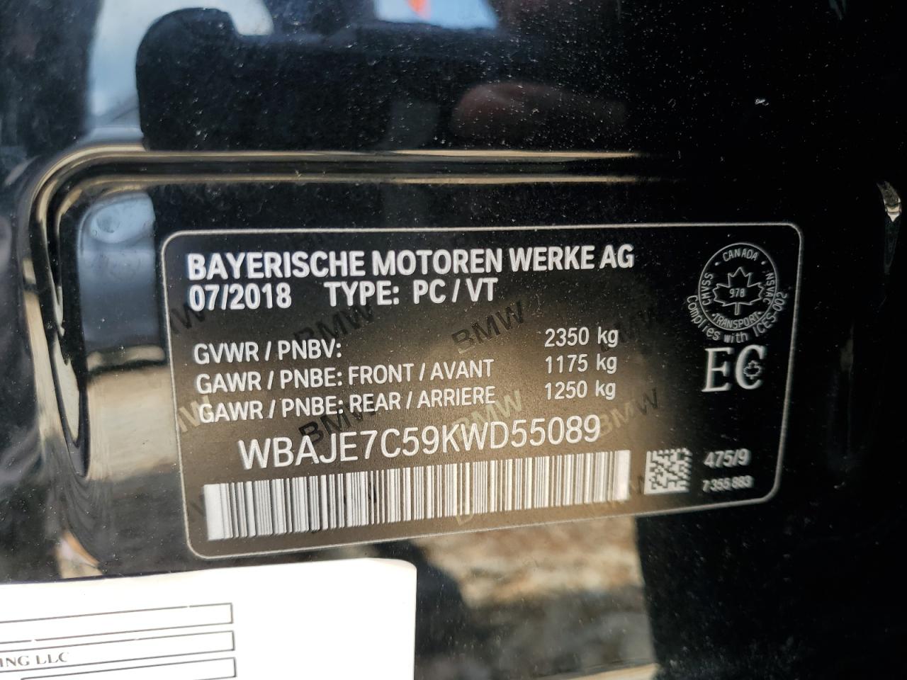 2019 BMW 540 Xi VIN: WBAJE7C59KWD55089 Lot: 61232865