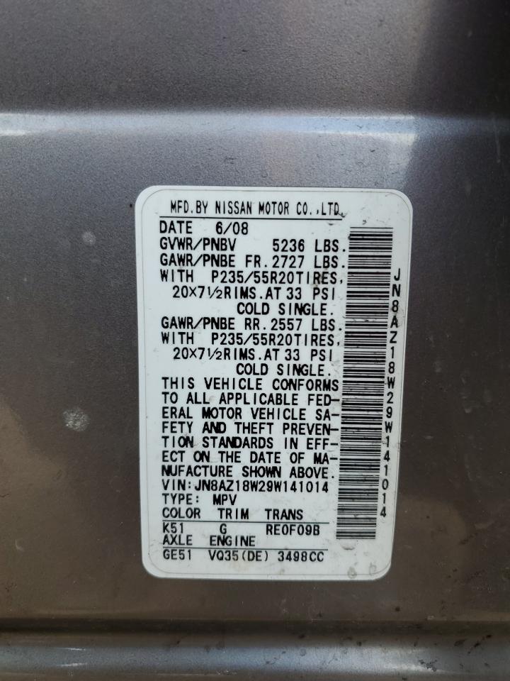 2009 Nissan Murano S VIN: JN8AZ18W29W141014 Lot: 61006635