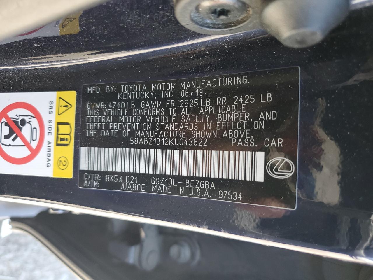 2019 Lexus Es 350 VIN: 58ABZ1B12KU043622 Lot: 61682095