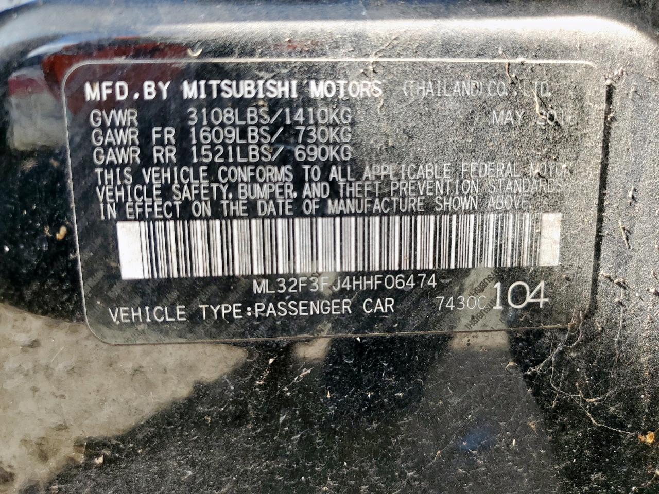 2017 Mitsubishi Mirage G4 Es VIN: ML32F3FJ4HHF06474 Lot: 62329605