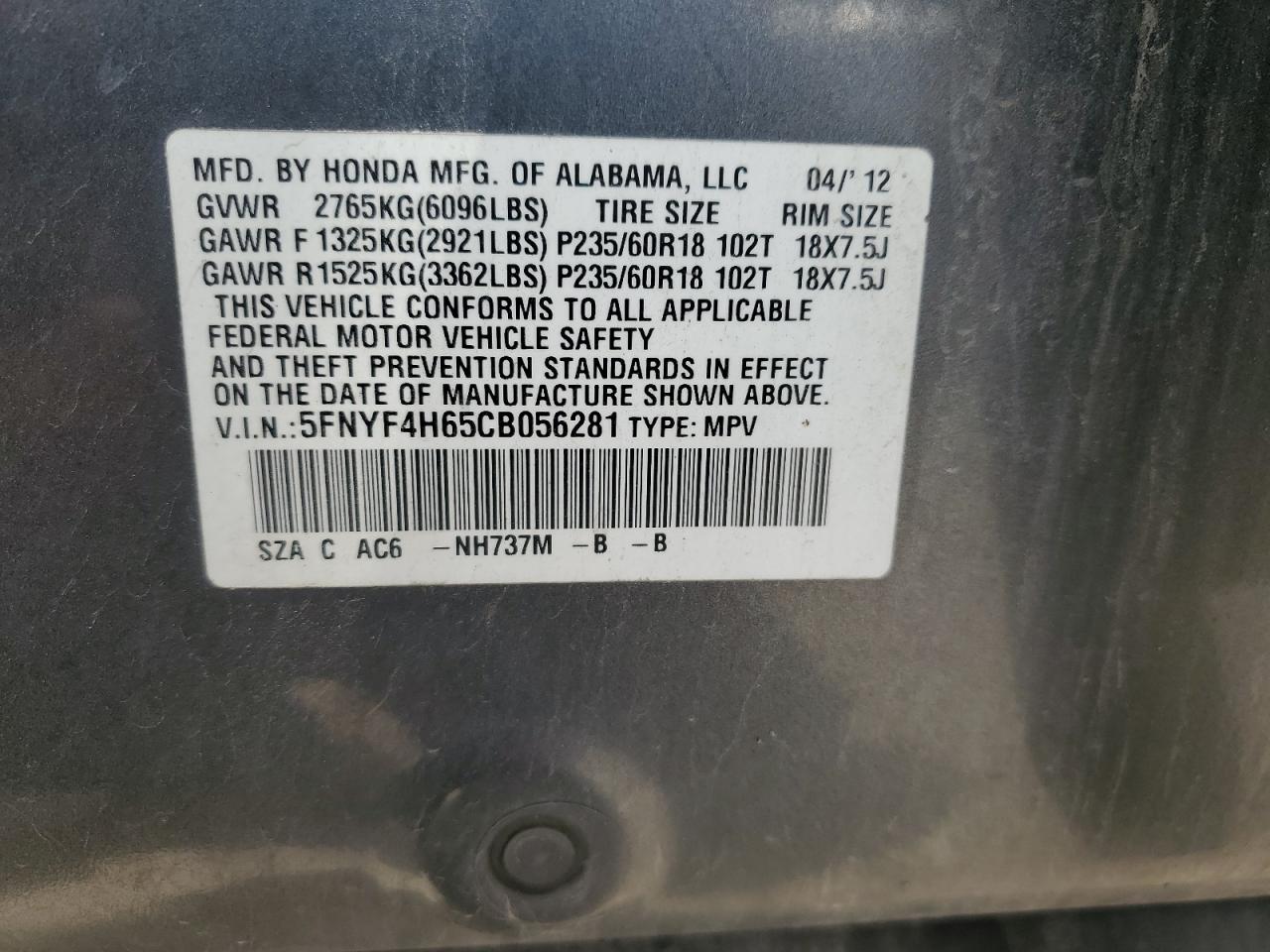 2012 Honda Pilot Exl VIN: 5FNYF4H65CB056281 Lot: 62208435