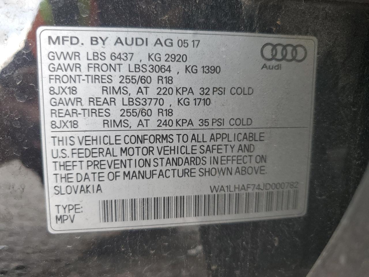 2018 Audi Q7 Premium Plus VIN: WA1LHAF74JD000782 Lot: 60356895