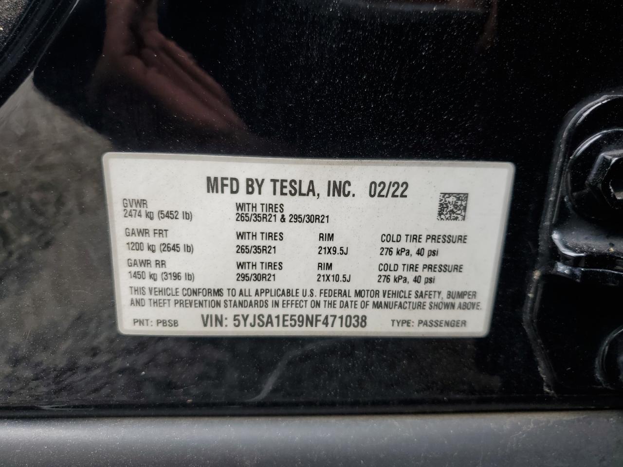 2022 Tesla Model S VIN: 5YJSA1E59NF471038 Lot: 62594275