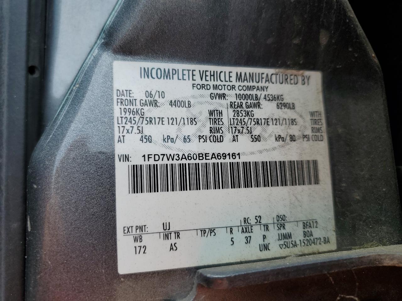 2011 Ford F350 Super Duty VIN: 1FD7W3A60BEA69161 Lot: 59539685