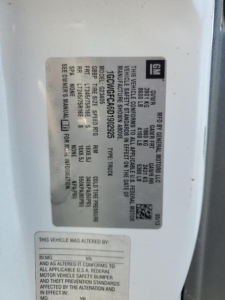 2013 Chevrolet Express G2500 VIN: 1GCWGFCA6D1902925 Lot: 61048985