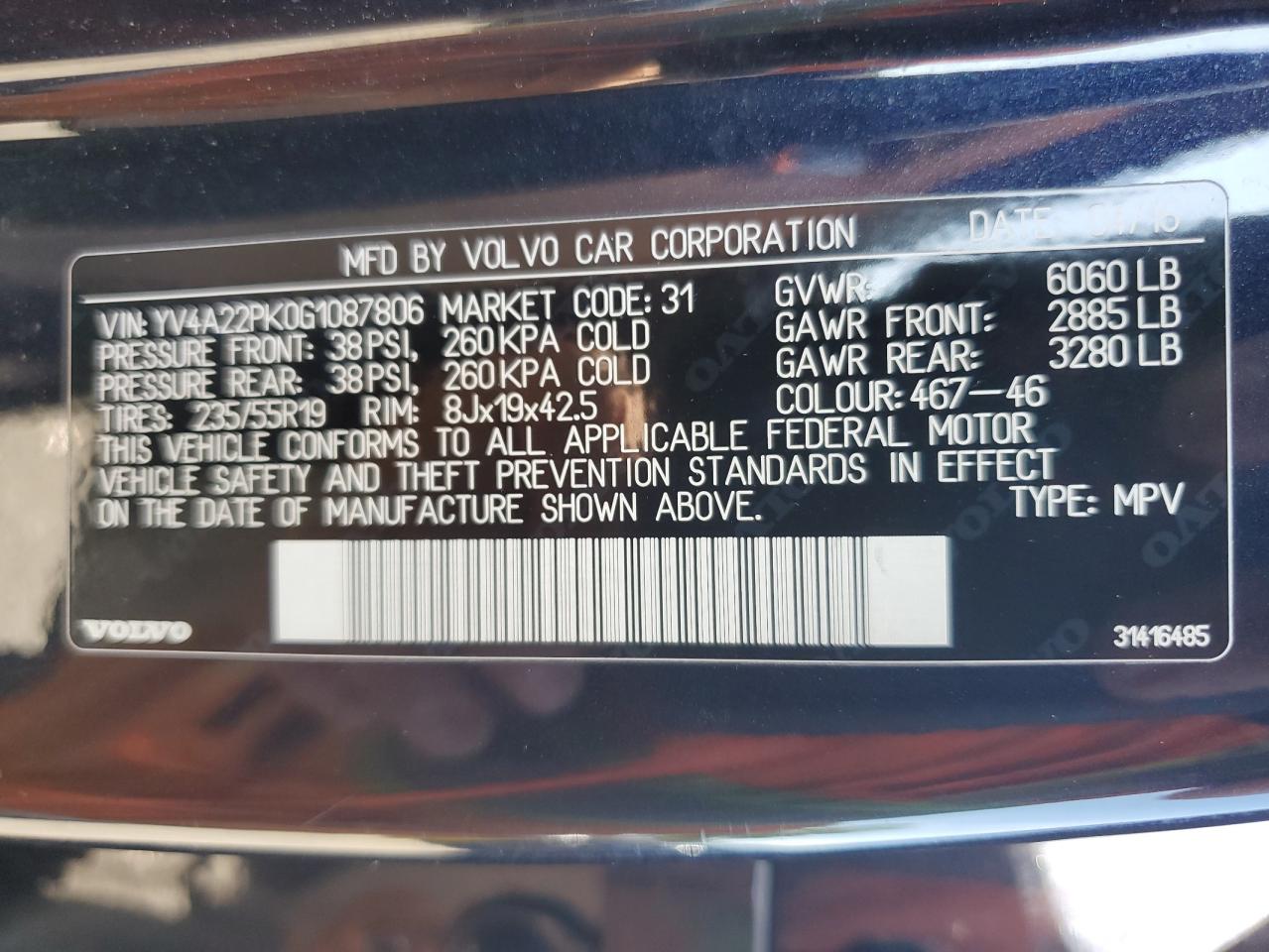 2016 Volvo Xc90 T6 VIN: YV4A22PK0G1087806 Lot: 61735135