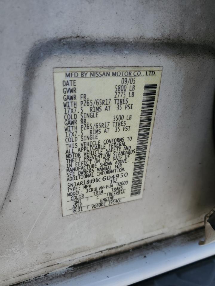2006 Nissan Pathfinder Le VIN: 5N1AR18U96C604950 Lot: 62093815