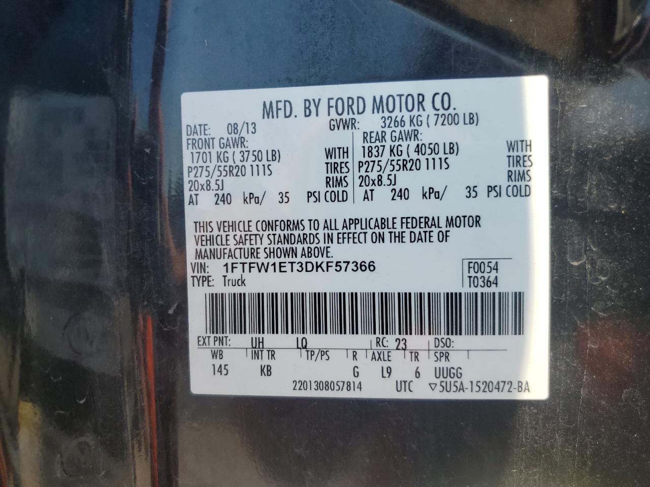 2013 Ford F150 Supercrew VIN: 1FTFW1ET3DKF57366 Lot: 61958275