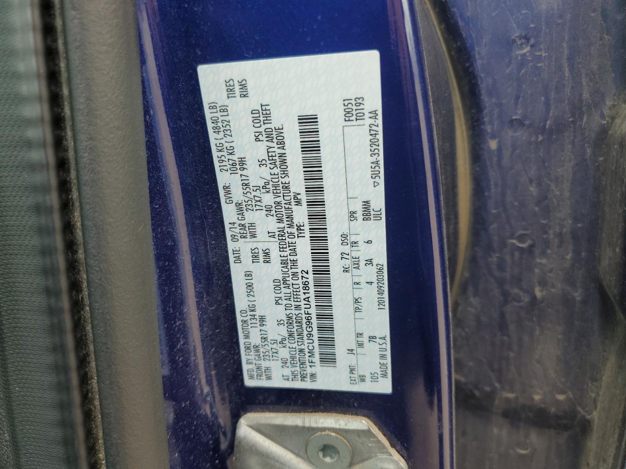 2015 Ford Escape Se VIN: 1FMCU9G96FUA18672 Lot: 62560955