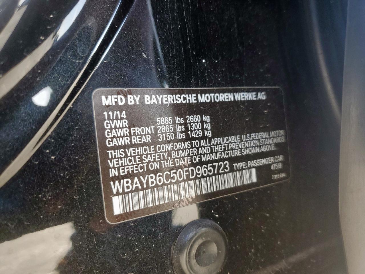 2015 BMW 750 Xi VIN: WBAYB6C50FD965723 Lot: 62612605