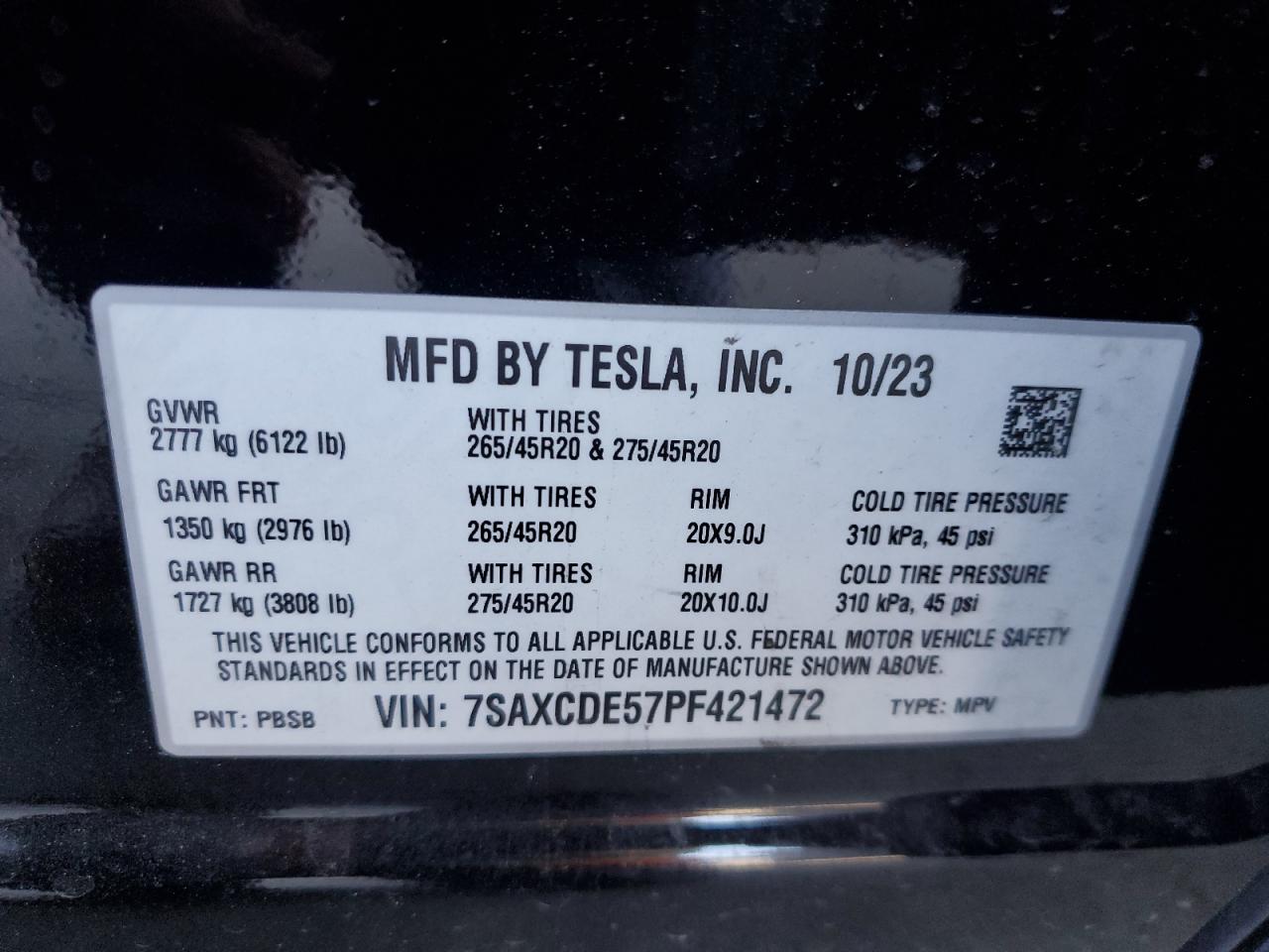 2023 Tesla Model X VIN: 7SAXCDE57PF421472 Lot: 61857915