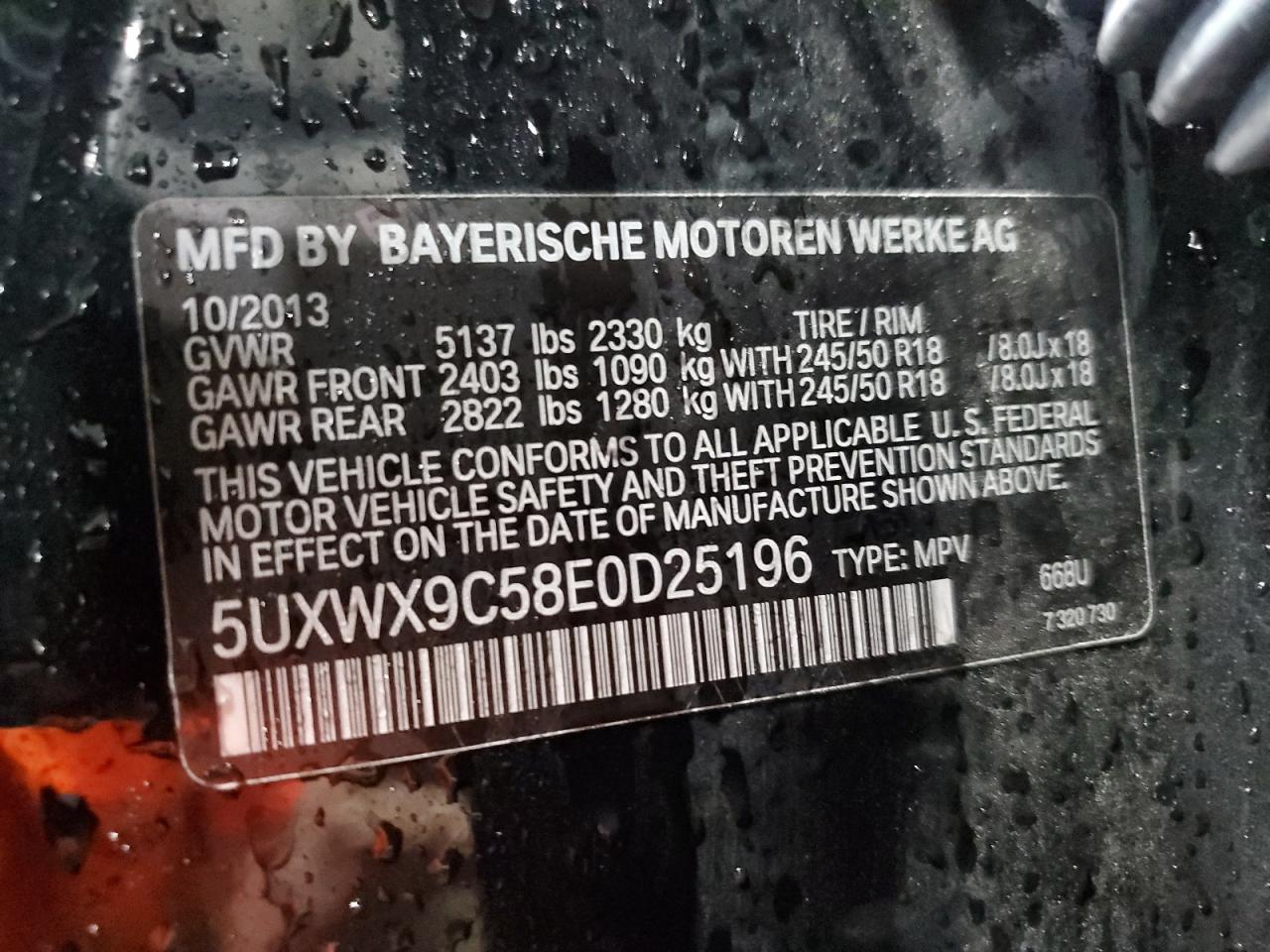 2014 BMW X3 xDrive28I VIN: 5UXWX9C58E0D25196 Lot: 61581525