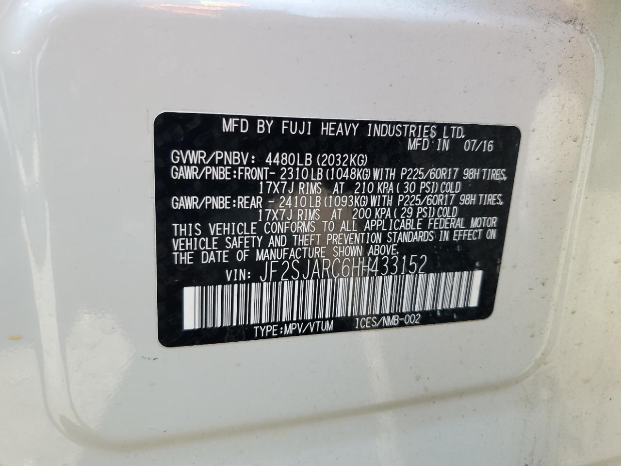 2017 Subaru Forester 2.5I Limited VIN: JF2SJARC6HH433152 Lot: 62202525