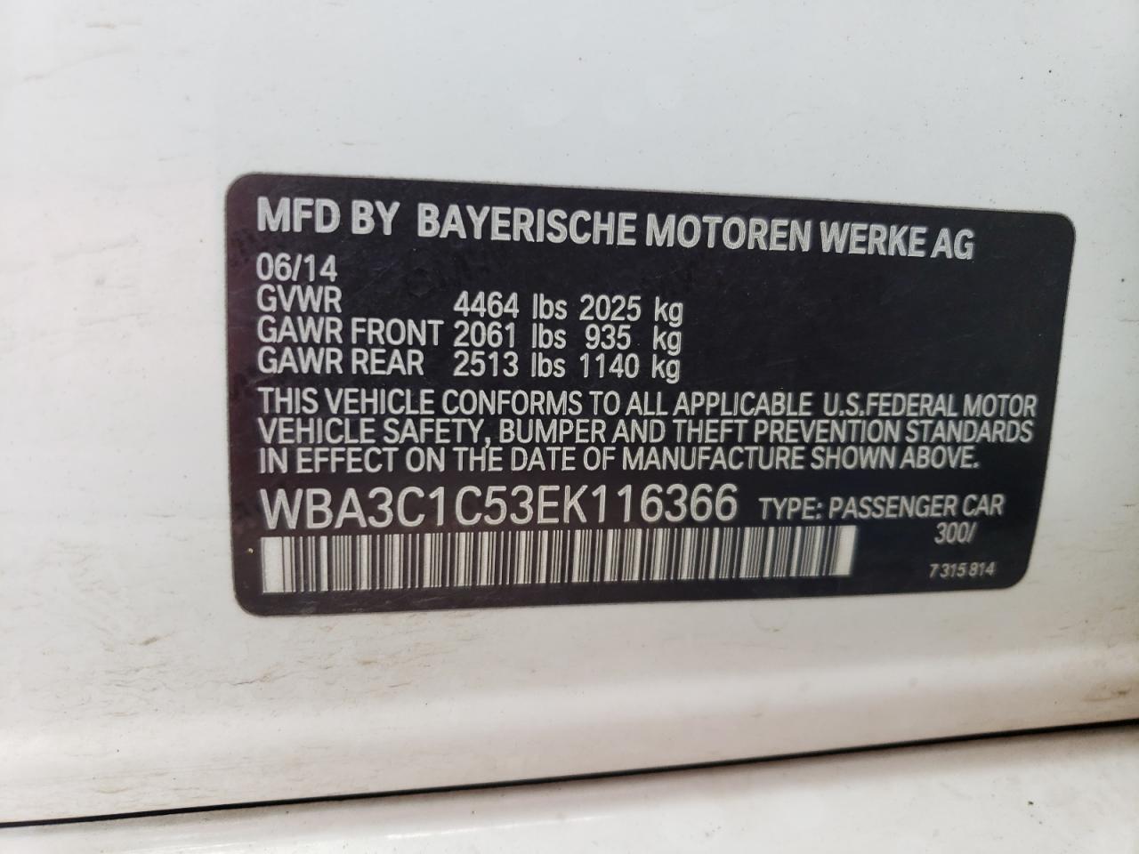 2014 BMW 328 I Sulev VIN: WBA3C1C53EK116366 Lot: 62732715