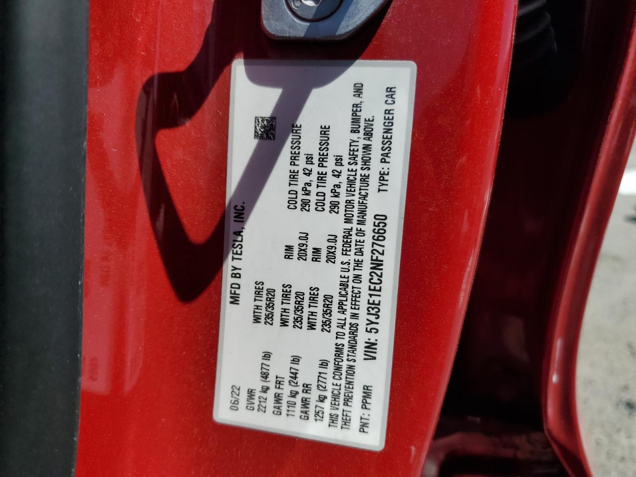 2022 Tesla Model 3 VIN: 5YJ3E1EC2NF276650 Lot: 62569005