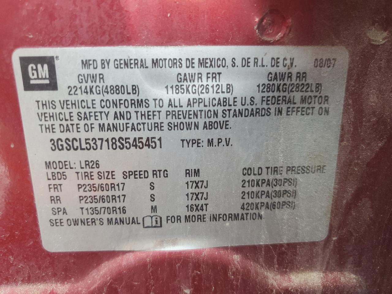 2008 Saturn Vue Xr VIN: 3GSCL53718S545451 Lot: 62396535