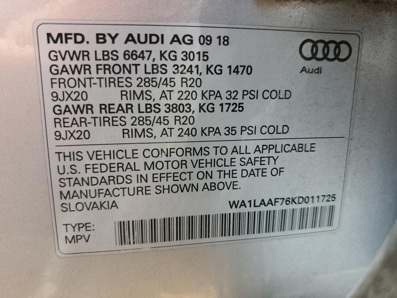 2019 Audi Q7 Premium Plus VIN: WA1LAAF76KD011725 Lot: 62845265
