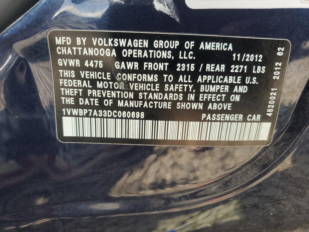 2013 Volkswagen Passat Se VIN: 1VWBP7A33DC060698 Lot: 59367055