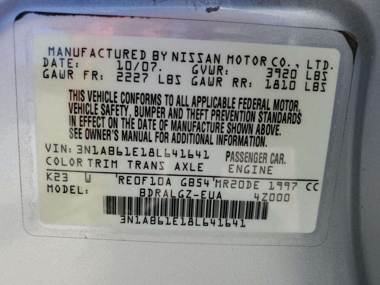 2008 Nissan Sentra 2.0 VIN: 3N1AB61E18L641641 Lot: 62701055