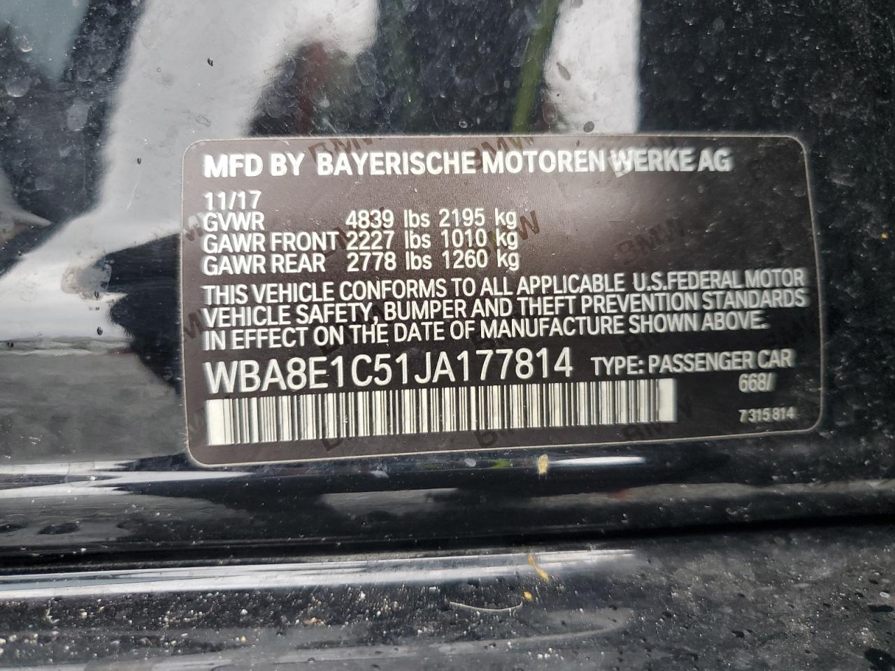 2018 BMW 330E VIN: WBA8E1C51JA177814 Lot: 62856805