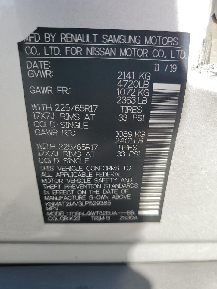 2020 Nissan Rogue S VIN: KNMAT2MV3LP529385 Lot: 62416705