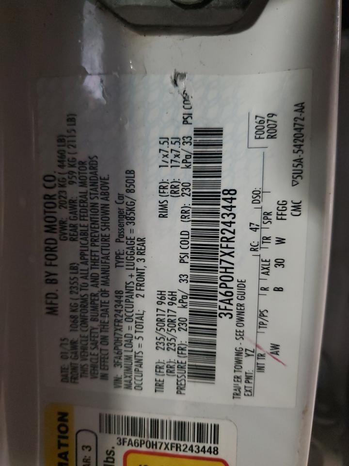 2015 Ford Fusion Se VIN: 3FA6P0H7XFR243448 Lot: 61741865
