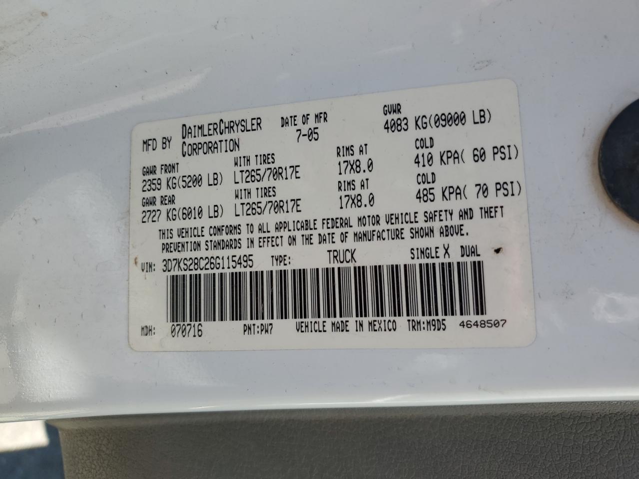 2006 Dodge Ram 2500 St VIN: 3D7KS28C26G115495 Lot: 63101975