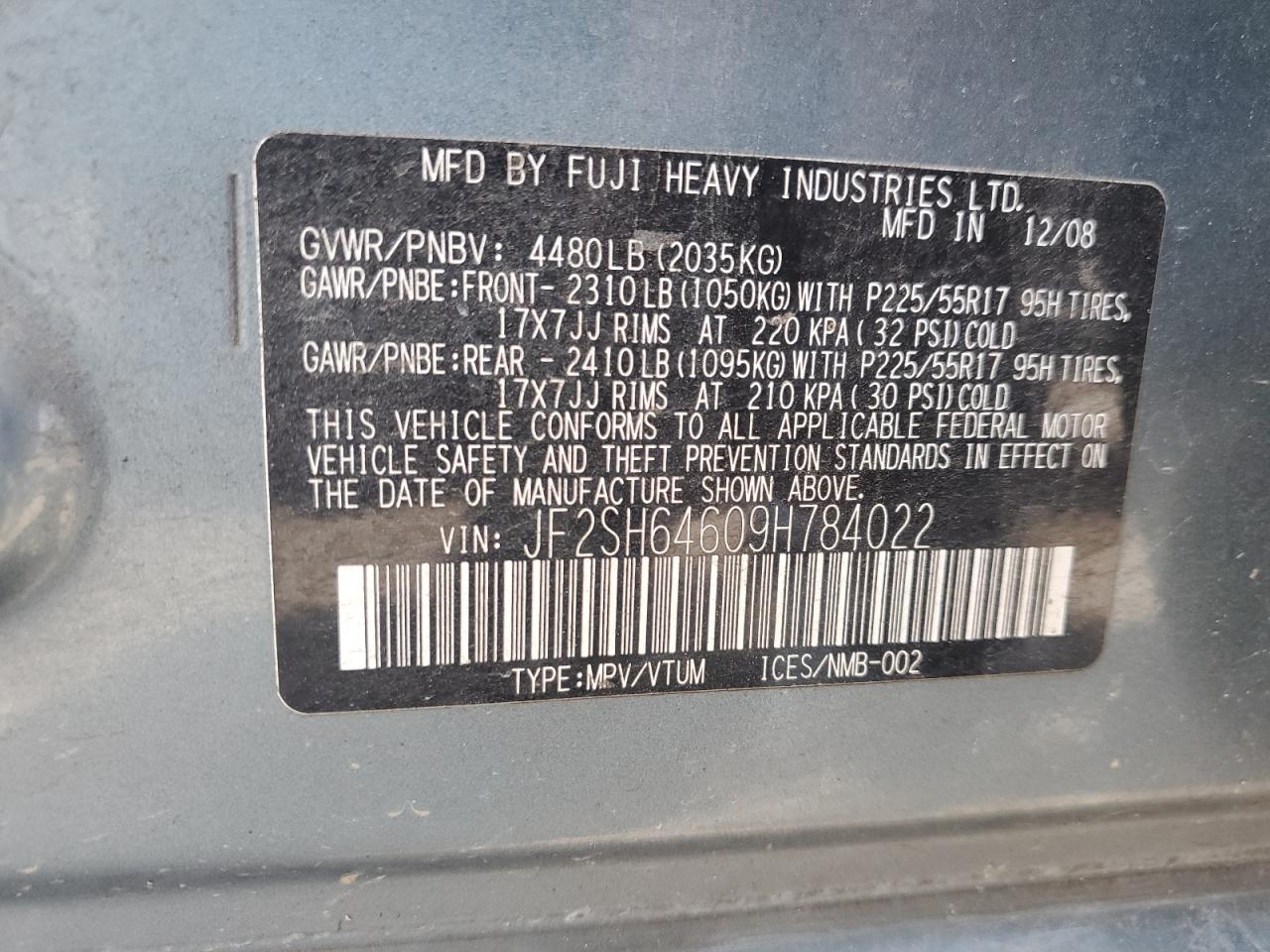 2009 Subaru Forester 2.5X Limited VIN: JF2SH64609H784022 Lot: 62160595