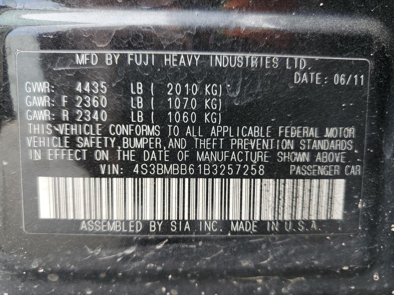 2011 Subaru Legacy 2.5I Premium VIN: 4S3BMBB61B3257258 Lot: 62723335