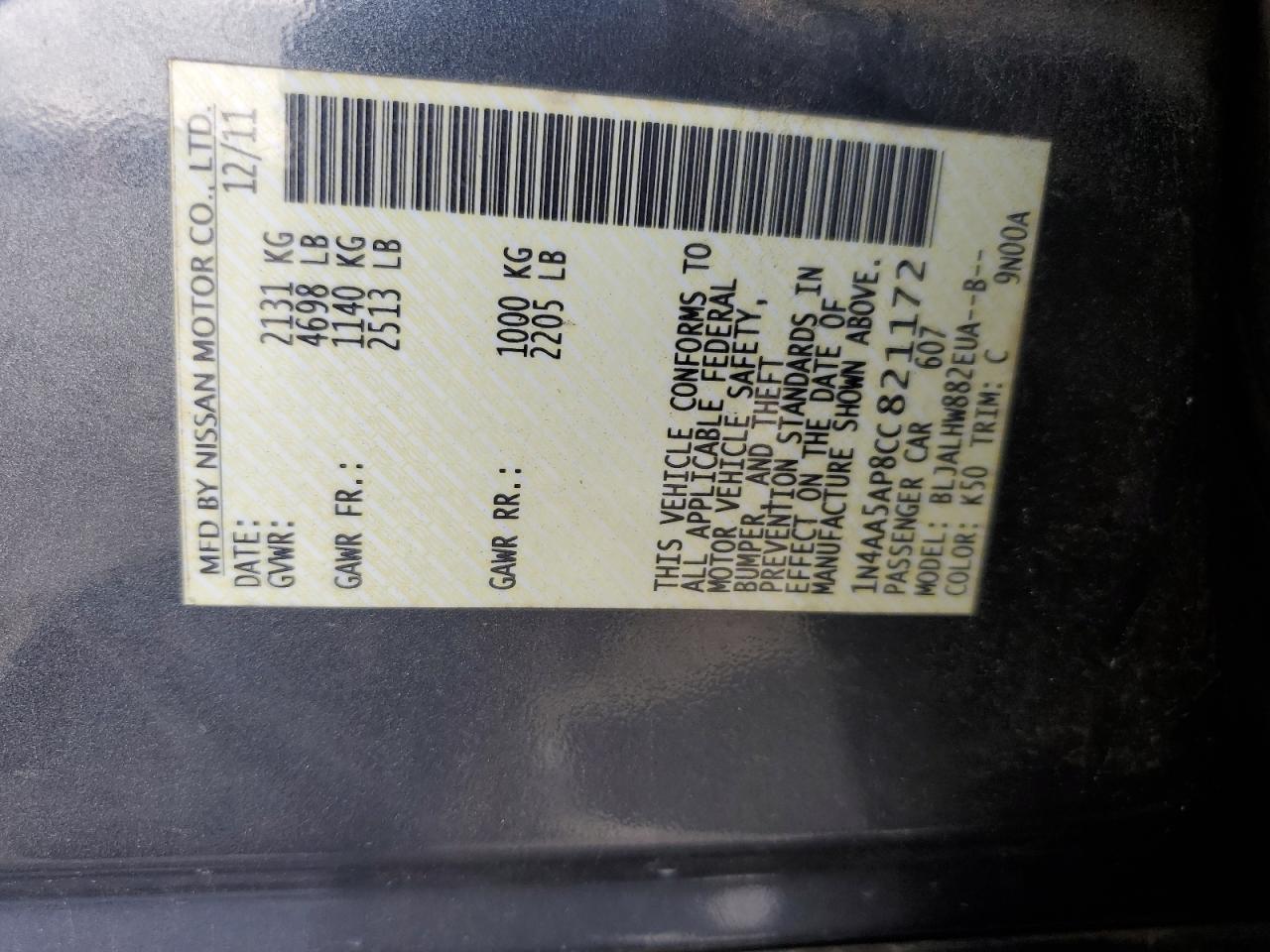 2012 Nissan Maxima S VIN: 1N4AA5AP8CC821172 Lot: 59743675