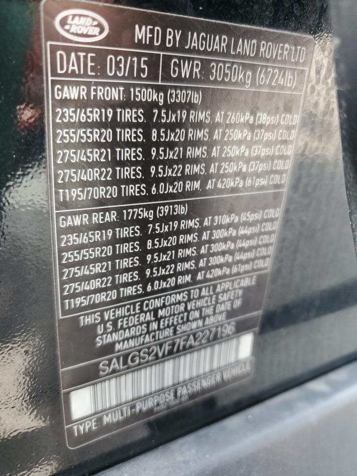 2015 Land Rover Range Rover Hse VIN: SALGS2VF7FA227196 Lot: 62715025