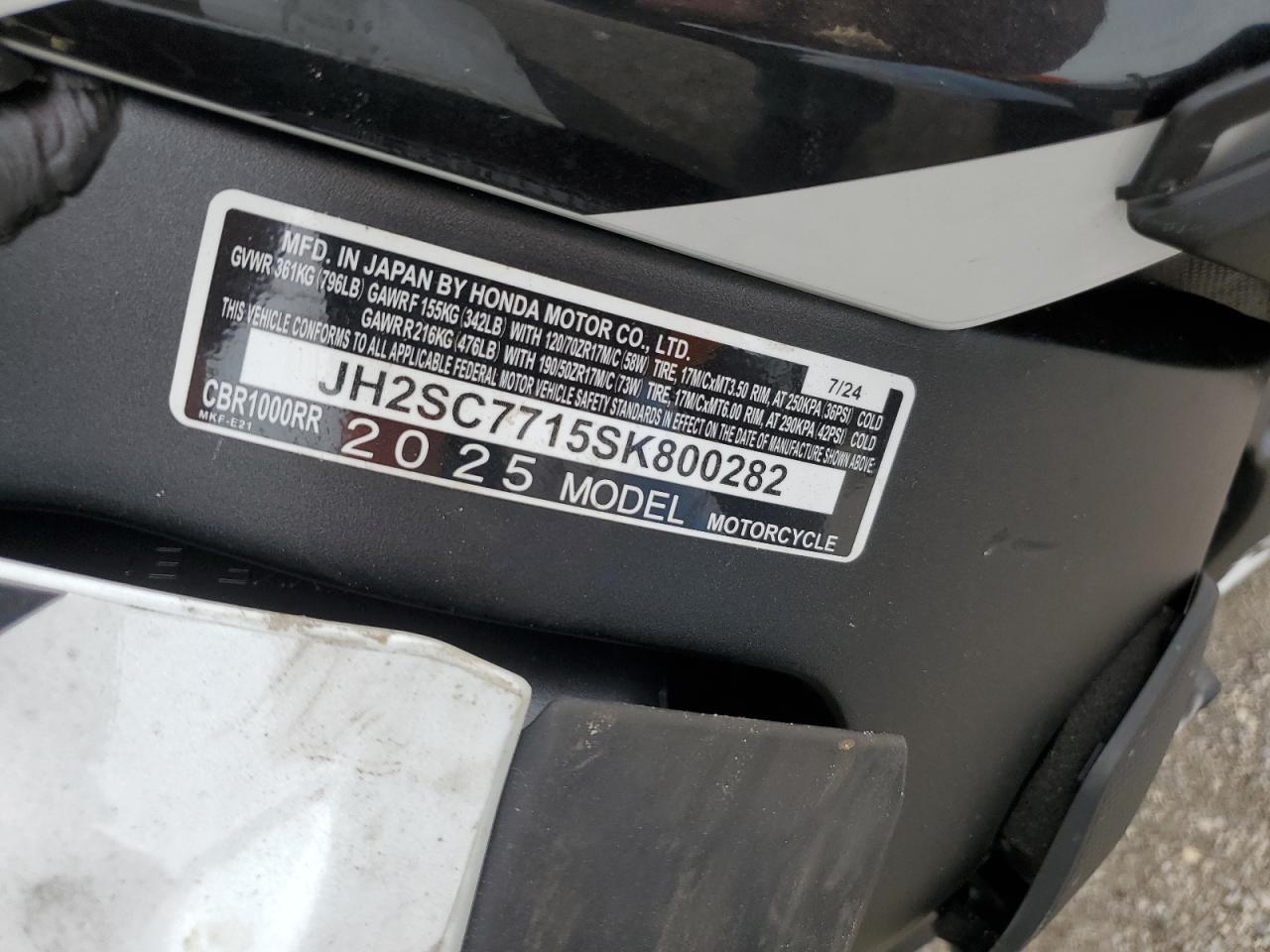 2025 Honda Cbr1000 Rr VIN: JH2SC7715SK800282 Lot: 59794055