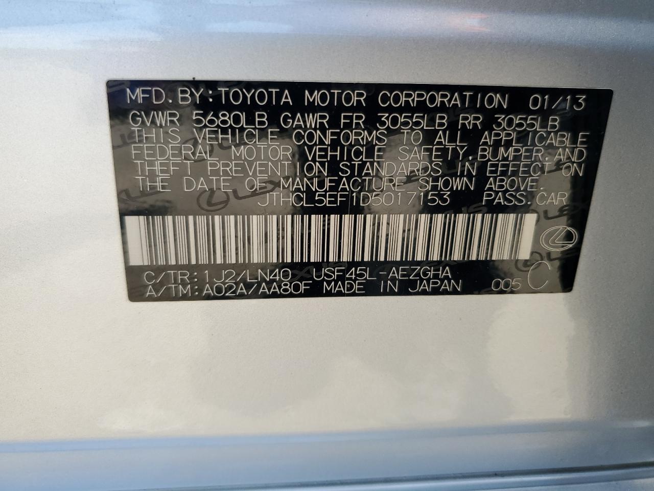2013 Lexus Ls 460 VIN: JTHCL5EF1D5017153 Lot: 62184155