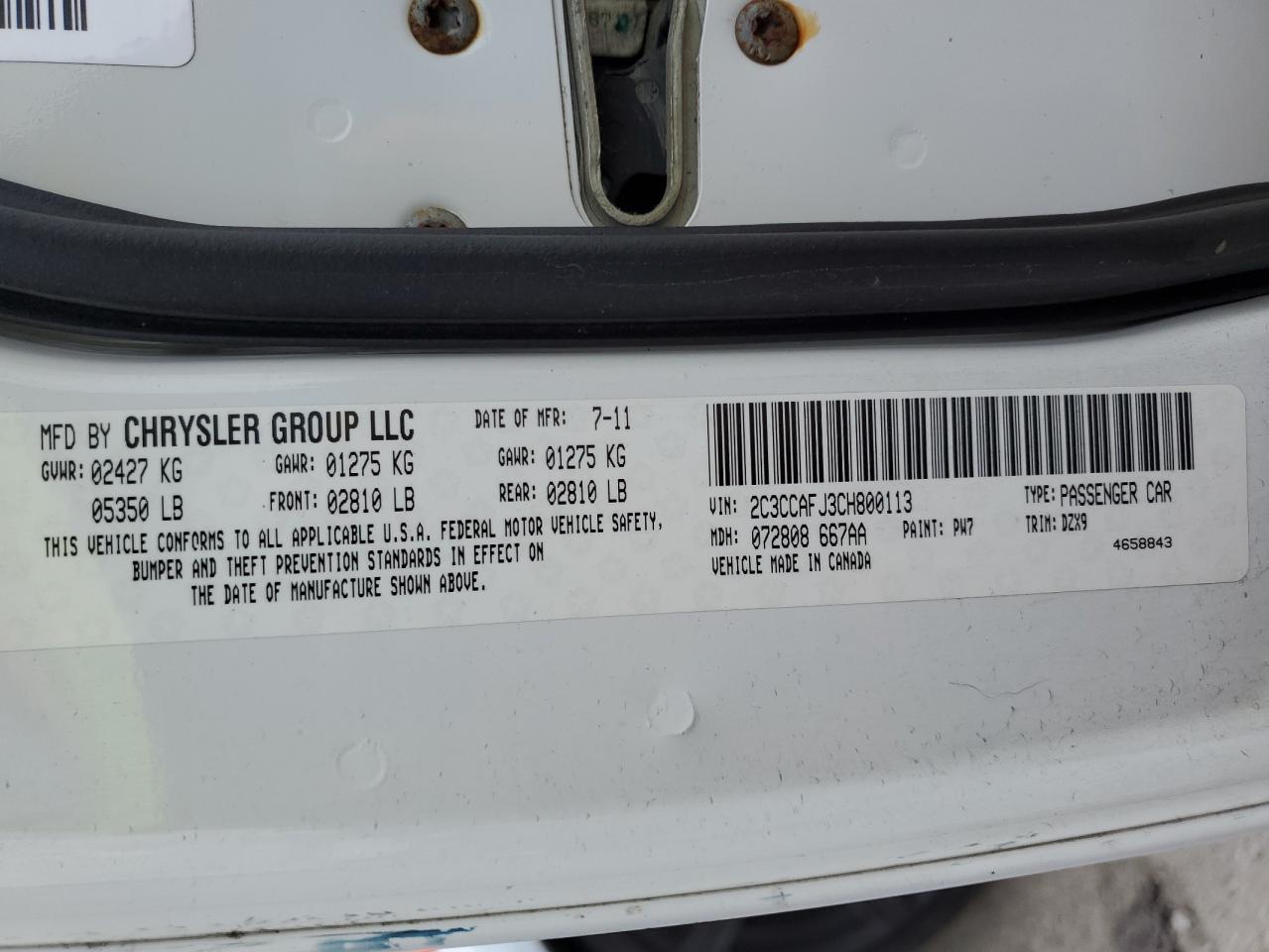 2012 Chrysler 300 Srt-8 VIN: 2C3CCAFJ3CH800113 Lot: 62823025