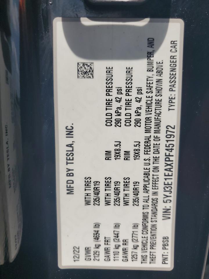2023 Tesla Model 3 VIN: 5YJ3E1EAXPF451972 Lot: 60165475